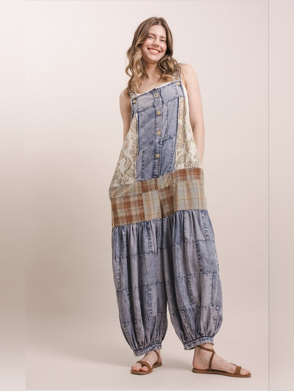 #1625 Blue Velvet Vintage Patchwork Boho Jumpsuit